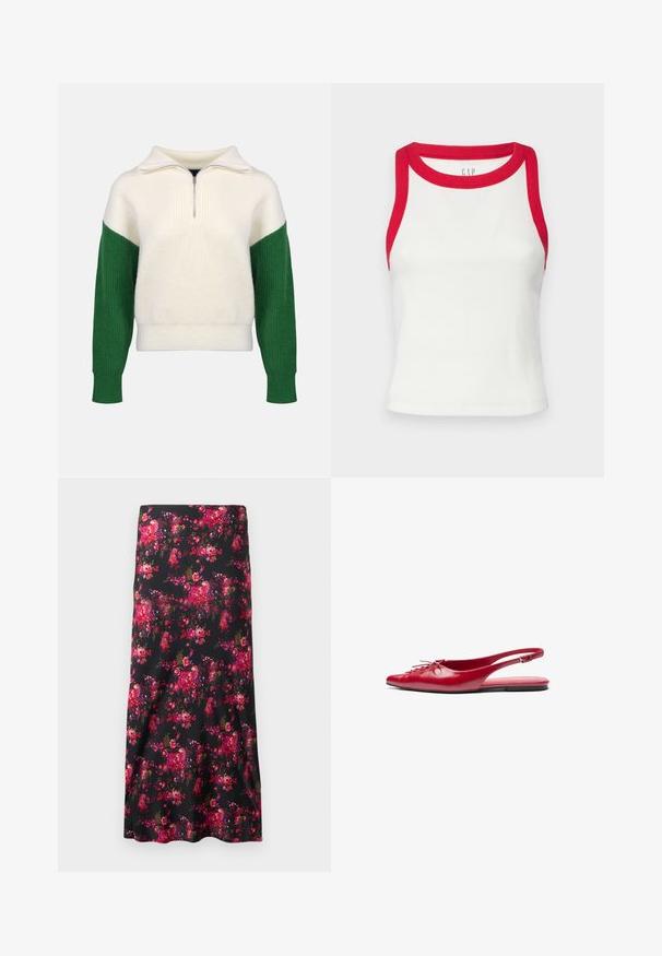 Knit sweater with a quarter-zip collar. Cream body with ribbed green sleeves. Soft texture, relaxed fit, contrasting color blocks.; White ribbed tank top with red trim at the neck and armholes. Features a fitted design and straight hem. Textured fabric. Brand logo visible.; Floral midi skirt in black, featuring a vibrant pattern of pink and red flowers. Smooth fabric, A-line shape, with a wide hem.; Red leather slingback flat shoe with a pointed toe and a decorative lace-up detail on the front, featuring a slim ankle strap and flat sole.