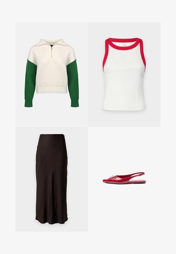 Striktrøje med kvart lynlås krave. Cremerfarvet krop med ribbede grønne ærmer. Blød tekstur, afslappet pasform, kontrastfarvede blokke.; Hvid ribbet tanktop med rød kant ved halsen og armhulerne. Den har et tætsiddende design og lige kant. Struktureret stof. Brandlogo synligt.; Sort, mellemlang nederdel lavet af glat, letvægtsstof med en lige form og sideslids. Har en simpel talje.; Rød læderslipper med åben hæl og spidse tæer samt en dekorativ snøredetalje foran, der har en slank ankelrem og flad sål.