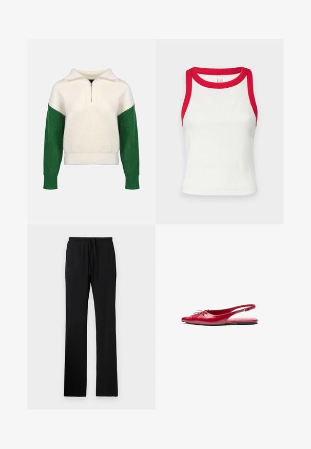 Knit sweater with a quarter-zip collar. Cream body with ribbed green sleeves. Soft texture, relaxed fit, contrasting color blocks.; White ribbed tank top with red trim at the neck and armholes. Features a fitted design and straight hem. Textured fabric. Brand logo visible.; Black sweatpants with a relaxed fit, made of soft fabric, featuring an elastic waistband with a drawstring and no visible pockets.; Red leather slingback flat shoe with a pointed toe and a decorative lace-up detail on the front, featuring a slim ankle strap and flat sole.