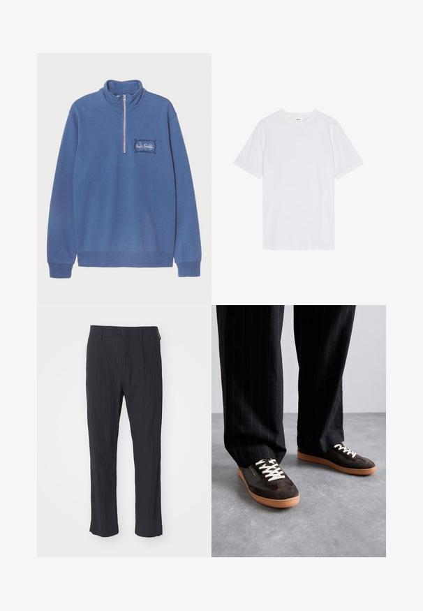Sininen huppari, jossa on korkea kaulus ja puolivetoketju. Brodeerattu logo vasemmassa rinnassa sekä ribbikangasta hihansuissa ja helmassa. Pehmeä puuvillasekoituskangas.; Valkoinen t-paita, lyhyet hihat, pyöreä kaula-aukko, valmistettu puuvillasta, joka on sileä tekstuuriltaan, suora helma ja minimalistinen muotoilu ilman kuvioita.; Mustat laskostetut housut, joissa on teksturoitu kangas, suoran lahkeen muotoilu ja tavanomainen vyötärö. Ei näkyviä taskuja tai metalliosia.; Tummanruskeat mokkakengät, joissa on vaaleancreme-nauhat, valkoiset yksityiskohdat ja tan-värinen kumipohja. Yhdistetty mustiin raitapantseihin.