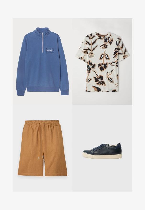 Modra kapuca s visokim ovratnikom in delnim zadrgo. Vezenina logotipa na levem prsnem delu ter rebraste manšete in spodnji rob. Mehka bombažna mešanica.; Majica s kratkimi rokavi iz mehke tkanine, z naravnim ozadjem v kremni barvi, ki prikazuje abstraktne cvetlične vzorce v črni, rjavi in svetlo modri barvi.; Rjavi laneni šortsi z elastiko v pasu, z vezalkami in sproščenim krojem. Imajo gladko teksturo in šivane robove.; Morske modre usnjene superge s kremasto gumijasto podlogo, opremljene z modrimi vezalkami in gladko teksturo. Zaokrožena kapica in minimalističen dizajn.