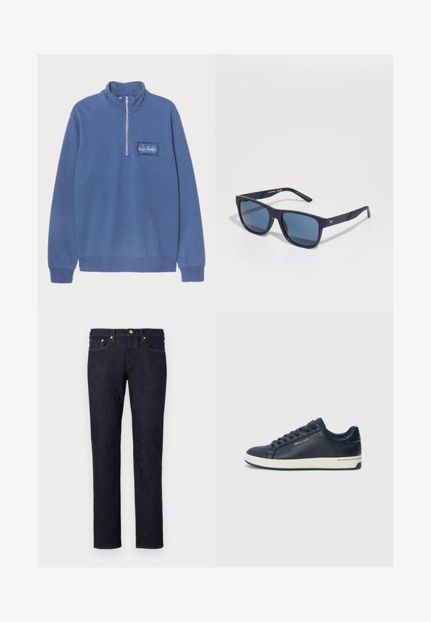 Blå hettegenser med høy krage og halv-glidelås. Brodert logo på venstre bryst og ribbestrikkede mansjetter og hem. Myk bomullsblandingsstoff.; Mørkeblå denimjeans med rett benkutt, som har et klassisk fem-lommers design og oransje sømdetaljer.; Mørkeblå lær sneakers med hvit gummisåle, rund tå og flate snører. Har grønn hælakkent og subtilt merke-logo på siden.; Blå rektangulære solbriller med mørke linser, matt marineblå ramme, logo-detajler på stengene, rette armer og en solid, glatt tekstur.