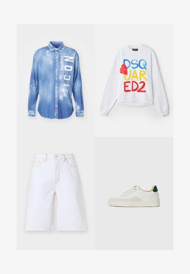 Witte sweatshirt met meerkleurige tekst "DSQUARED2" met een rood hartaccent. Zachte stof, relaxte pasvorm, geribde boorden en zoom.; Lichtblauwe denimshirt met een voorknopsluiting, lange mouwen, een kraag en witte bedrukte tekst "DSQUARED2 ICON" met verfspetterdetails.; Witte denim shorts met een rechte snit, vijf zakken en contrasterende tan stiksels. Inclusief een sluiting met een knoop en ritssluiting aan de voorkant.; Witte sneaker met suède accenten, ronde neus, platte veters en een crème rubberen zool. Bevat groene branding op de hiel.