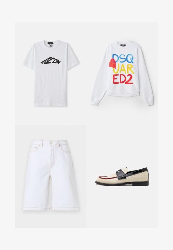 Vit sweatshirt med flerfärgad text "DSQUARED2" och en röd hjärtaccent. Mjuk tyg, avslappnad passform, ribbade muddar och nederkant.; Vit bomullst-shirt med korta ärmar och rund halsringning. Har en svart grafisk logotyp, "DSQUARED2 CDN," över bröstet.; Vita denimshorts med rak skärning, fem fickor och kontrasterande tan-sömmar. Inkluderar en framknapp och dragkedjestängning.; Beiga loafers med präglat mönster, röd accentrand och glänsande svart klack. Har ett band med spänne. Platt svart sula.