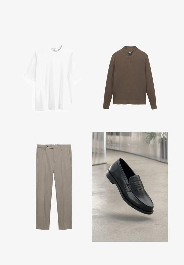 Maglione marrone a coste con collo alto e una cerniera corta. Maniche lunghe e taglio dritto sull'orlo. Morbida texture, design minimale.; T-shirt bianco in cotone a maniche corte, con colletto rotondo, vestibilità comoda e texture liscia. Nessun motivo o dettaglio visibile.; Pantaloni beige su misura con una texture liscia, vestibilità dritta e una chiusura con singolo bottone anteriore. Presentano tasche laterali e un orlo pulito.; Mocassino in pelle nera con texture liscia, punta appuntita e una fascia decorativa sul collo del piede. Suola leggera, design minimale.