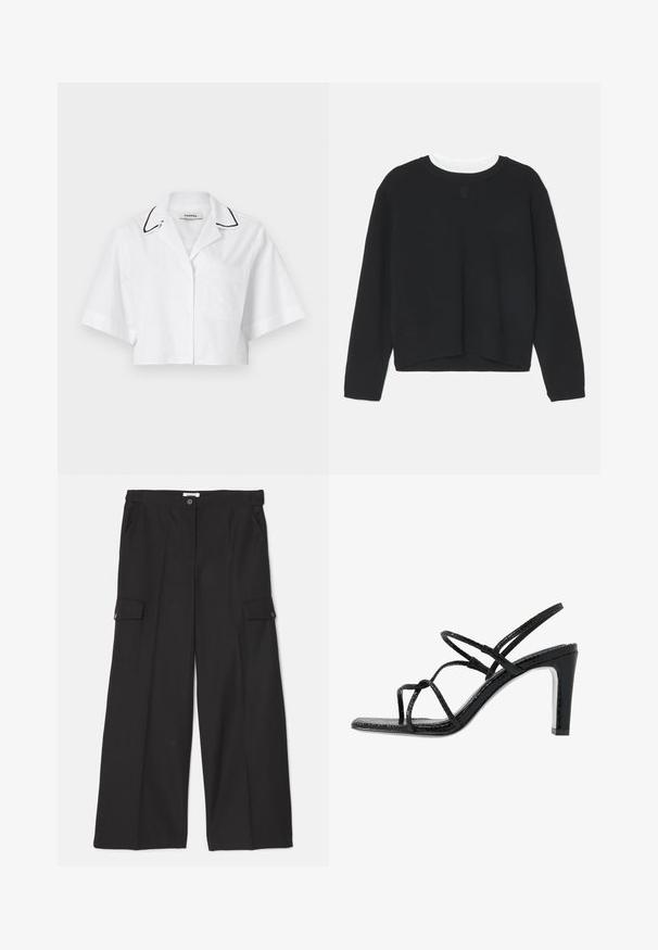 Mustapaita pitkähihaisilla, pyöreällä kaula-aukolla ja hieman lyhyemmällä helmalla. Valmistettu pehmeästä kankaasta, jossa on hienovarainen logoetus edessä.; Valkoinen lyhythihainen cropped-paita, jossa on nappikiinnitys, rintatasku ja musta piping kauluksessa. Valmistettu kevyestä, hengittävästä kankaasta.; Mustat leveälahkeiset housut, jotka on valmistettu sileästä ja kestävästä kankaasta. Tyylissä on etutaskut sekä kaksi cargo-taskua napin sulkimilla.; Mustat korkokengät avonaisilla varpailla, ohuilla remmeillä, teksturoidulla pinnalla ja tyylikkäällä, teräväkärkisellä korolla. Sisältää sileän sisäpohjan ja kiiltävän pinnan.