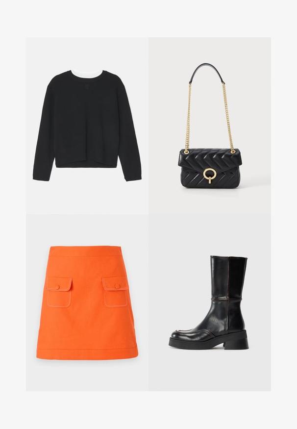 Svart hettegenser med lange ermer, rund hals og en litt cropped hem. Laget av myk stoff, med en subtil logo detalj på forsiden.; Oransje bomullsskjørt med to frontlommer, knappelukking og kontrasterende hvit søm. A-linjeformet med en definert midjebånd.; Sorte lær ankle boot med blokhæle, der har kontrastsyninger og en buet tådesign. Glat overflade, slank silhuet.; Svart quilted skinnveske med en gullkjede-rem, har en rund gullspenne og klaff-lukking. Kompakt rektangulær form.
