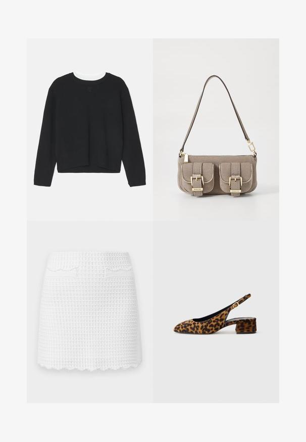 Black sweatshirt with long sleeves, crew neckline, and a slightly cropped hem. Made of soft fabric, featuring a subtle logo detail on the front.; sandro JUPE MAILLE MINI POINT FANTAISIE - Mini skirt - blanc; Women's leopard print slingback shoe with low block heel and gold buckle on side strap, shown in side profile on plain background.; Beige textured handbag with adjustable strap, two front pockets secured by buckles, and gold hardware accents. Zipper closure at the top.