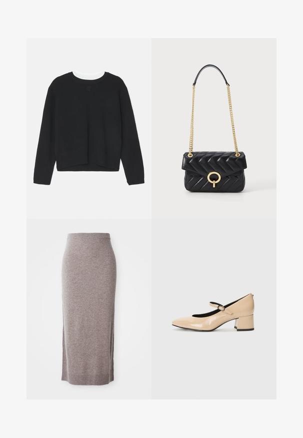 Čierna mikina s dlhými rukávmi, s okrúhlym výstrihom a mierne skráteným lemom. Vyrobená z jemnej tkaniny, s nenápadným logom na prednej strane.; Sukňa po kolená v taupe pletenine s rebrovým pásom a lemom, s bočnými roztrhnutiami pre väčšie pohodlie a štýl.; Béžové lakované mary jane topánky s imitovaným prstom, s prackovým páskom a stredne vysokým blokovým podpätkom. Hladký povrch s lesklým finishom.; Čierna prešívaná kožená kabelka so zlatým reťazovým popruhom, vybavená okrúhlym zlatým uzáverom a zakladacím uzáverom. Kompaktný obdĺžnikový tvar.