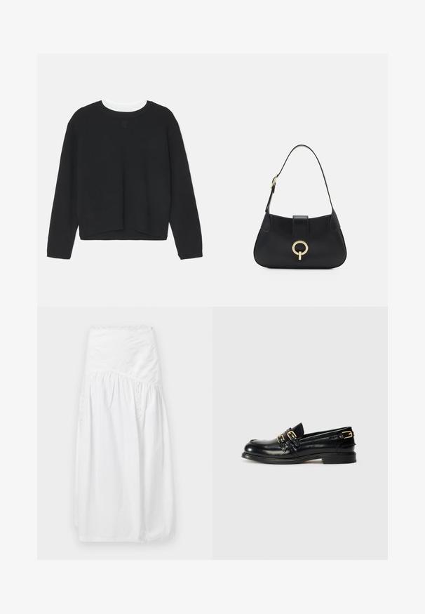 Zwarte sweatshirt met lange mouwen, ronde halslijn en een iets verkort zoom. Gemaakt van zachte stof, met een subtiele logodetail aan de voorkant.; sandro JUPE - Maxirok - blanc; Zwarte leren instappers met een glanzende afwerking, voorzien van twee gouden gespen en een lage hak. Gladde textuur met een ronde neus.; Zwarte leren handtas met een gebogen silhoutte, korte schouderband, centrale goudkleurige hardware en een gladde textuur. Geen zichtbare patronen of accenten.