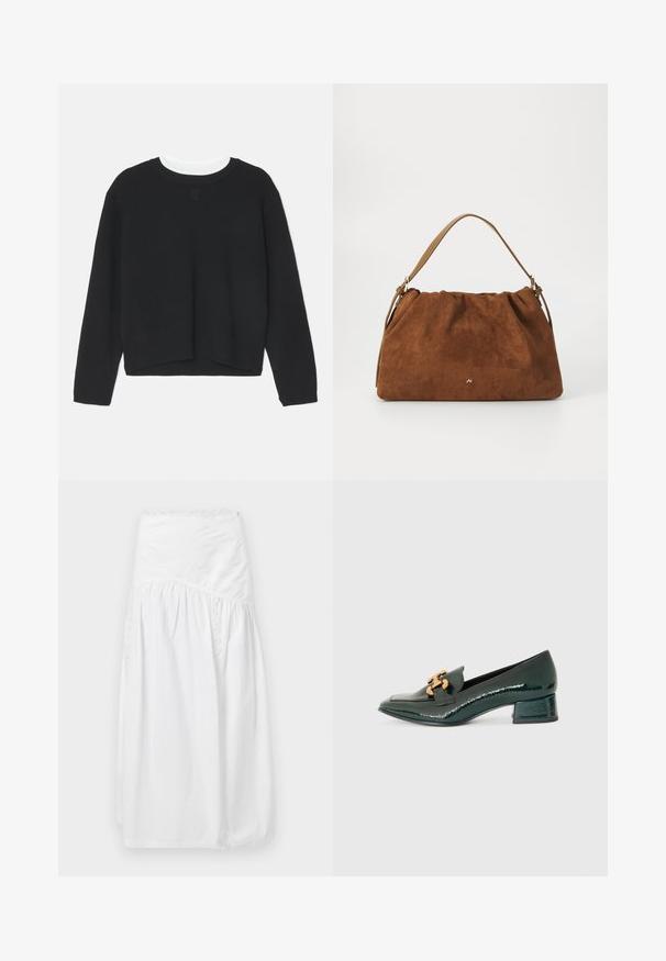 Czarny sweatshirt z długimi rękawami, okrągłym dekoltem i lekko krótkim dołem. Wykonany z miękkiego materiału, z delikatnym logo z przodu.; sandro - Długa spódnica; Ciemnozielone lakierowane loafersy na niskim obcasie z zwężającym się noskiem i złotą metalową łańcuszkową ozdobą na cholewce.; Brązowa torebka z zamszu o marszczonym wzorze, z pojedynczym paskiem w kolorze tan i subtelnym złotym logo z przodu.