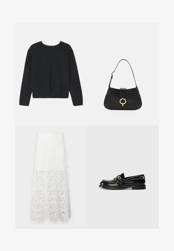 Schwarzer Sweatshirt mit langen Ärmeln, Rundhalsausschnitt und einem leicht verkürzten Saum. Aus weichem Stoff gefertigt, mit einem dezenten Logodetail auf der Vorderseite.; Maje JOZIMALO - Maxirock - ecru; Schwarze Lederloafers mit glänzender Oberfläche, ausgestattet mit zwei goldenen Schnallen und einem niedrigen Absatz. Glatte Textur mit abgerundetem Zehendesign.; Schwarze Ledertasche mit einer geschwungenen Silhouette, kurzer Tragriemen, zentralem goldfarbenem Hardware und glatter Textur. Keine sichtbaren Muster oder Akzente.