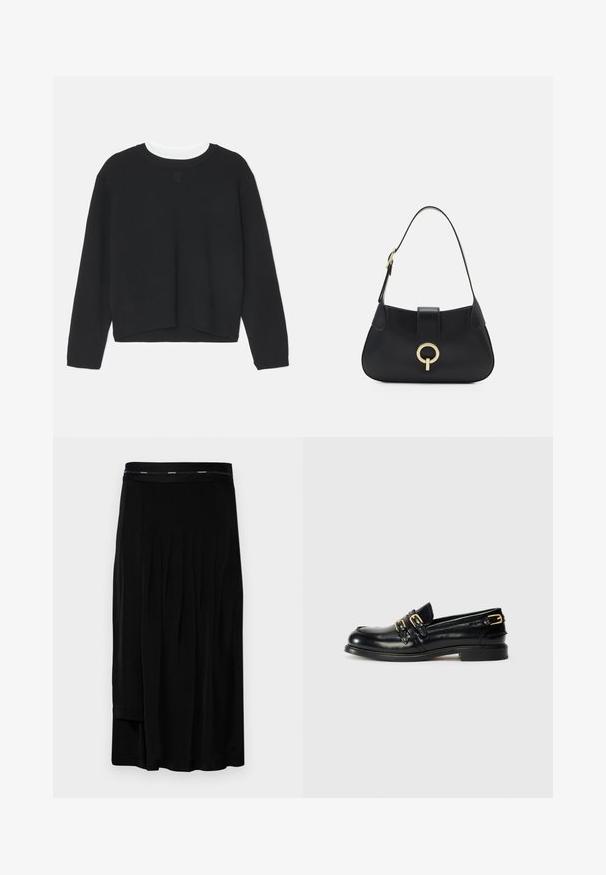 Zwarte sweatshirt met lange mouwen, ronde halslijn en een iets verkort zoom. Gemaakt van zachte stof, met een subtiele logodetail aan de voorkant.; Zwarte midi-rok met plooien, een gladde textuur en een brede tailleband met een subtiel merkembleem. Eenvoudig ontwerp en een vloerlange snit.; Zwarte leren instappers met een glanzende afwerking, voorzien van twee gouden gespen en een lage hak. Gladde textuur met een ronde neus.; Zwarte leren handtas met een gebogen silhoutte, korte schouderband, centrale goudkleurige hardware en een gladde textuur. Geen zichtbare patronen of accenten.