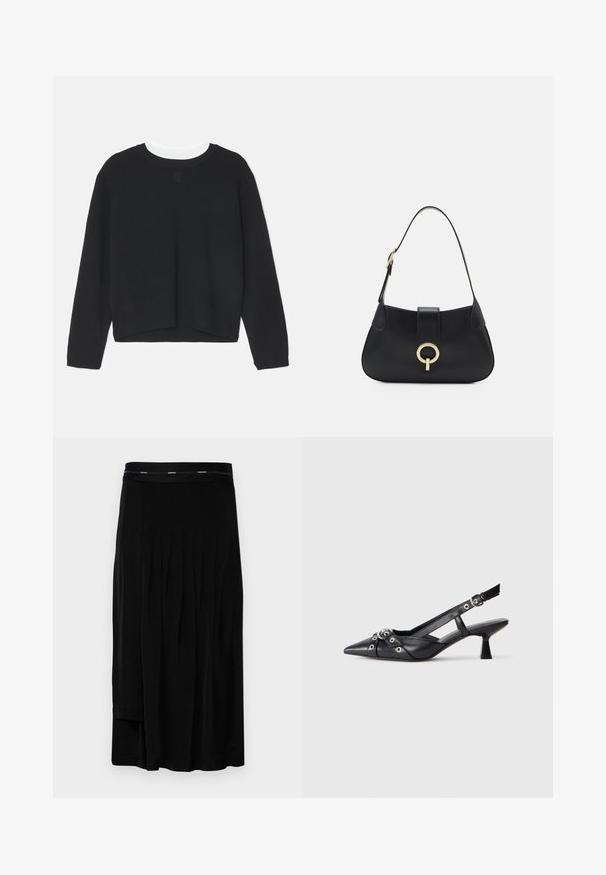 Pull noir à manches longues, col rond et ourlet légèrement court. Fabriqué en tissu doux, avec un détail de logo subtil sur le devant.; Jupe midi noire avec des plis, une texture lisse et une large taille avec un logo de marque subtil. Design simple et coupe au sol.; Chaussure slingback en cuir noir avec un bout pointu, des sangles décoratives avec œillets en métal et un petit talon carré. Surface texturée.; Sac à main en cuir noir avec une silhouette arrondie, une courte bandoulière, un matériel doré central et une texture lisse. Aucun motif ni accent visible.