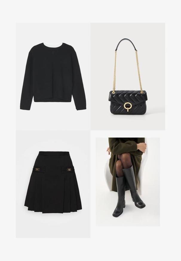 Svart hettegenser med lange ermer, rund hals og en litt cropped hem. Laget av myk stoff, med en subtil logo detalj på forsiden.; Svart plisserte skjørt med gullhardware akenter. Har side lommer med logo detaljer, laget av glatt materiale. A-formet silhuett.; Knæhøye sorte lærstøvler med firkantet tå og blokkhelt, vist med en modell som sitter iført en olivengrønn kåpe. Glatt tekstur, minimal detaljering.; Svart quilted skinnveske med en gullkjede-rem, har en rund gullspenne og klaff-lukking. Kompakt rektangulær form.