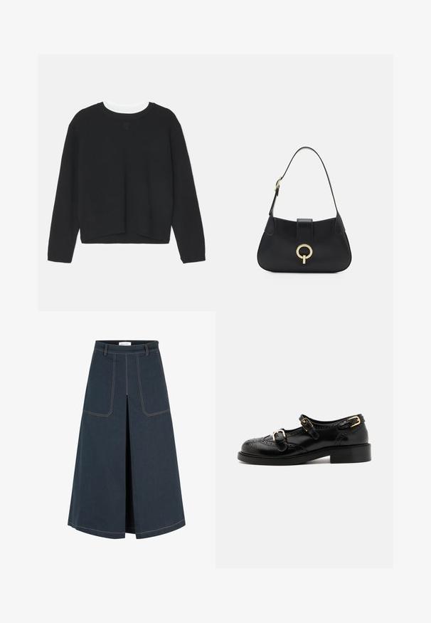 Crna dukserica dugih rukava, okruglog vrata i blago skraćenog donjeg rubа. Izrađena od mekanog materijala, s diskretnim logotipom na prednjoj strani.; Tamni traper suknja ravnog kroja s dva prednja đepa i prorezom sprijeda. Ima kontrastnu narančastu šavovu obrubu.; Crne kožne cipele s brogue detaljima, koje imaju dva remena sa kopčama, okrugli vrh i niski potplat. Glatka tekstura s sjajnim završetkom.; Crna kožna torba s zakrivljenim siluetom, kratkom trakom, središnjim zlatnim hardverom i glatkom teksturom. Nema vidljivih uzoraka ili akcenata.