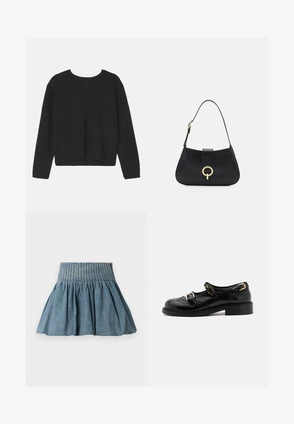 Črn pulover s long sleeves, okroglo ovratnikom in rahlo krajšim robom. Narejen iz mehkega materiala, z diskretno logotipno podrobnostjo na sprednji strani.; Jeans skirt s teksturo, ki se nabira, z širokim elastičnim pasom. Barva je svetlo modra z mehkimi in gladkimi zaključki.; Črne usnjene čevlje z brogu podrobnostmi, ki vključujejo dva zaponka, okroglo konico in nizko peto. Gladka tekstura z sijočim zaključkom.; Črna usnjena torbica s ukrivljeno silhueto, kratkim ročajem, centralno zlatim okrasom in gladko teksturo. Brez vidnih vzorcev ali dodatkov.