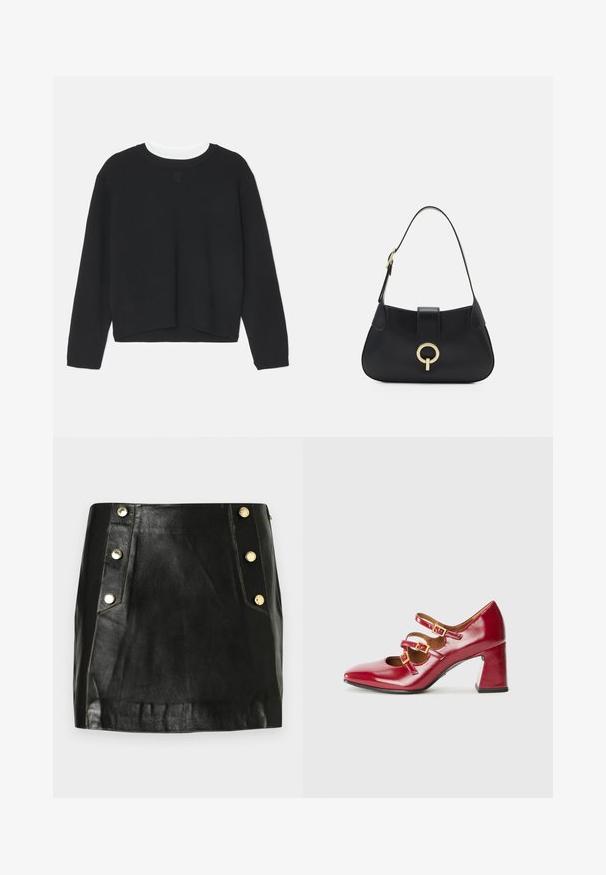 Pull noir à manches longues, col rond et ourlet légèrement court. Fabriqué en tissu doux, avec un détail de logo subtil sur le devant.; Mini jupe en cuir noir au design ajusté, avec des boutons dorés sur un côté et des détails de couture visibles. Texture lisse.; Tamaris Escarpins - red; Sac à main en cuir noir avec une silhouette arrondie, une courte bandoulière, un matériel doré central et une texture lisse. Aucun motif ni accent visible.