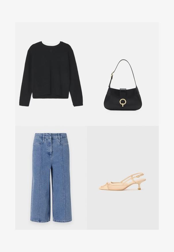 Melna sporta krekls ar garām piedurknēm, apaļu kakla izgriezumu un nedaudz īsu apakšmalu. Izgatavots no mīksta auduma, uz priekšpuses ir subtila logotipa detaļa.; Gai zilo džinsu kulotu bikses ar platu kāju dizainu, kas aprīkotas ar priekšējām un aizmugurējām kabatām un izteiktu šuvju apdari.; Stuart Weitzman KITTY - Klasiski papēži - beige/barely beige; Melna ādas rokassoma ar izliekta siluetu, īsu siksnu, centrālo zelta krāsas aksesuāru un gludu tekstūru. Nav redzamu rakstu vai akcentu.