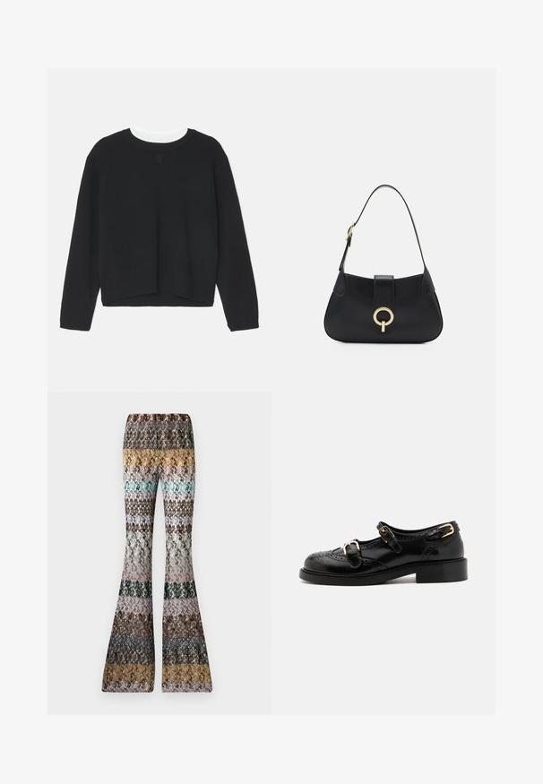 Crna dukserica dugih rukava, okruglog vrata i blago skraćenog donjeg rubа. Izrađena od mekanog materijala, s diskretnim logotipom na prednjoj strani.; Pletene hlače s lepršavim oblikom, s višebojnim horizontalnim prugama u zemljanim tonovima, uključujući senf, tirkiznu, smeđu, crnu, ružičastu i sivu.; Crne kožne cipele s brogue detaljima, koje imaju dva remena sa kopčama, okrugli vrh i niski potplat. Glatka tekstura s sjajnim završetkom.; Crna kožna torba s zakrivljenim siluetom, kratkom trakom, središnjim zlatnim hardverom i glatkom teksturom. Nema vidljivih uzoraka ili akcenata.