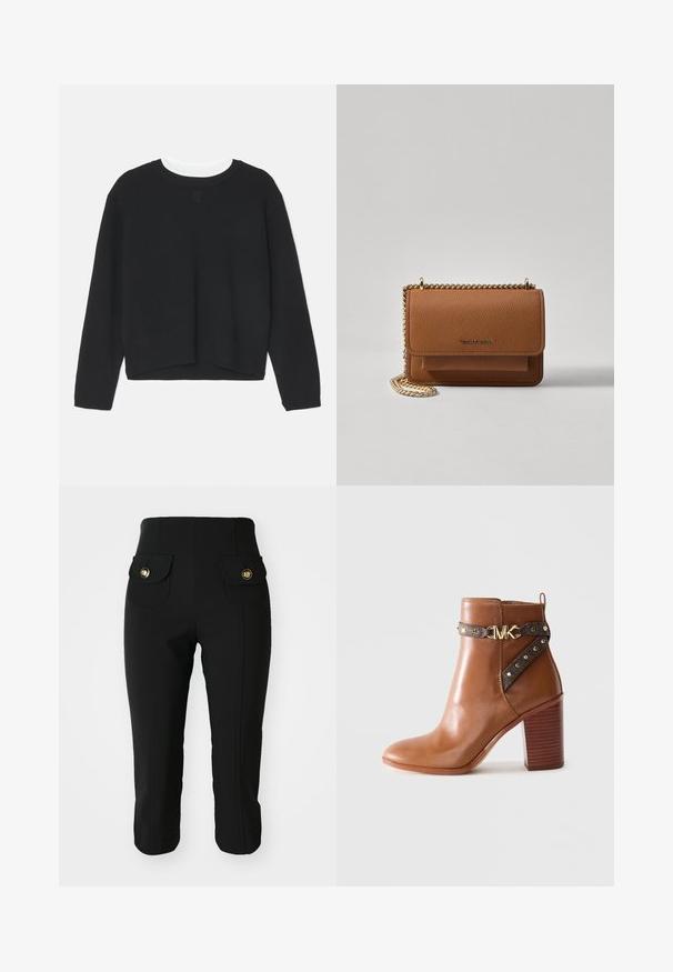 Felpa nera con maniche lunghe, scollatura a girocollo e orlo leggermente accorciato. Realizzata in un tessuto morbido, presenta un discreto dettaglio del logo sul davanti.; Pantaloni neri slim fit con due tasche frontali dotate di bottoni dorati, texture liscia e lunghezza cropped. Design classico per un utilizzo versatile.; Stivale alla caviglia in pelle marrone con tacco a blocco impilato, cinturino laterale con borchie dorate e una fibbia con logo "MK" dorato.; Borsa a tracolla in pelle marrone con texture, dotata di catena dorata e chiusura a pattina. Sul davanti presenta un dettaglio con logo e una tasca sotto la pattina.
