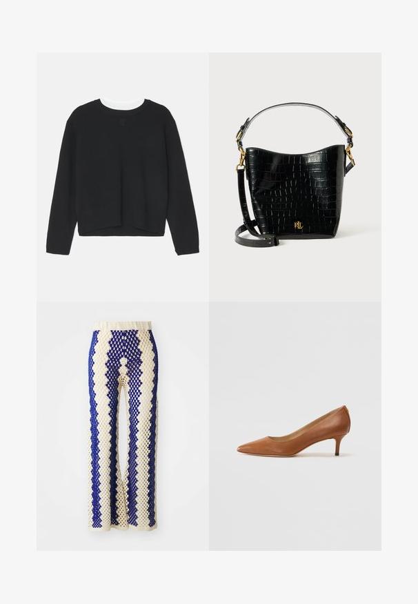 Čierna mikina s dlhými rukávmi, s okrúhlym výstrihom a mierne skráteným lemom. Vyrobená z jemnej tkaniny, s nenápadným logom na prednej strane.; Háčkované nohavice s širokými nohavicami v krémovej a námorníckej farbe, s geometrickým vzorom, elastickým pásom a otvorenou textúrou po celom povrchu.; Lauren Ralph Lauren ADRIENNE - Klasické lodičky na opätku - deep saddle tan; Čierna kabelka z kože s embosovaným hadím vzorom, zakriveného tvaru, so zlatými kovovými doplnkami, nastaviteľným popruhom a detailom loga na prednej strane.