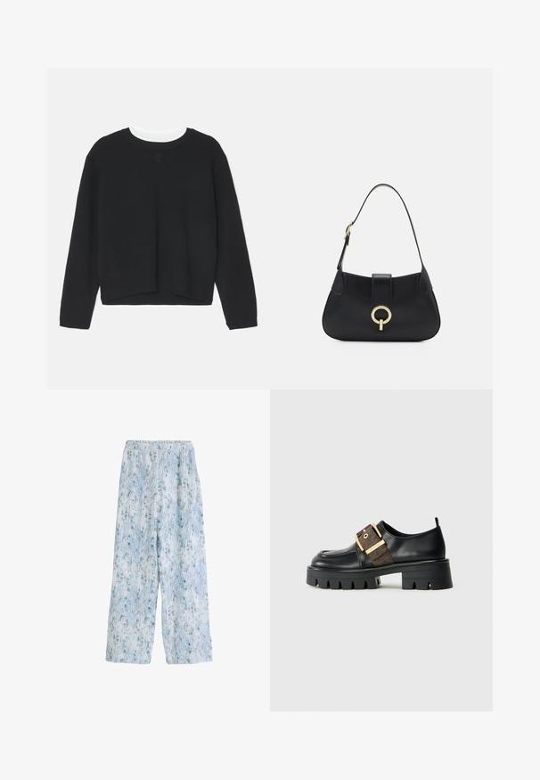 Must mustreeningud, pikad varrukad, ümar kaelus ja veidi lühem hem. Valmistatud pehmest kangast, ees on peen logo detail.; Heledad sinine mustriga laiad püksid elastse vöökohtaga, millel on lillemuster ja vertikaalsed triibud, valmistatud pehmest kangast.; Mustad musta nahast king, millel on paksemad tallad, kuldne pandla rihm ja tekstuuriga pruun aktsent. Ümar varvas ja minimalistlik disain.; Must musta nahkrahakott, millel on kaarjas siluett, lühike rihm, keskmise kullatooni metalldetail ja sile tekstuur. Pole nähtavaid mustreid ega lisandeid.