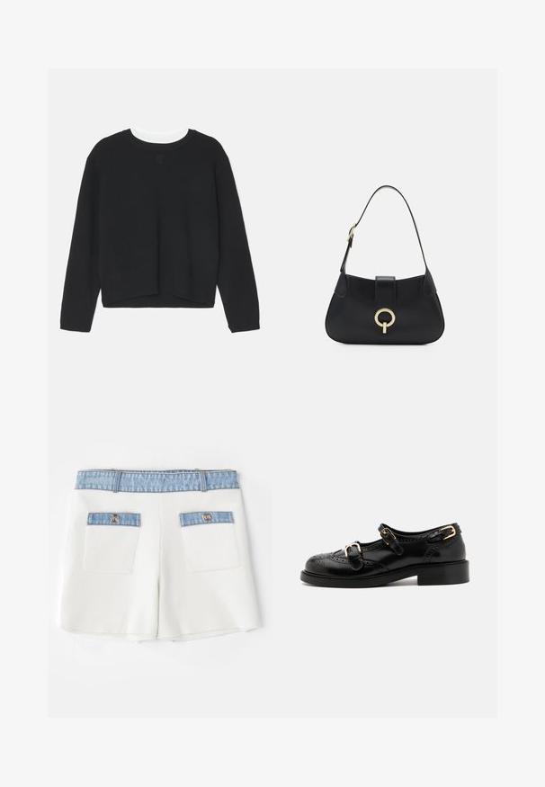 Črn pulover s long sleeves, okroglo ovratnikom in rahlo krajšim robom. Narejen iz mehkega materiala, z diskretno logotipno podrobnostjo na sprednji strani.; Maje IRSALA - Kratke hlače - ecru; Črne usnjene čevlje z brogu podrobnostmi, ki vključujejo dva zaponka, okroglo konico in nizko peto. Gladka tekstura z sijočim zaključkom.; Črna usnjena torbica s ukrivljeno silhueto, kratkim ročajem, centralno zlatim okrasom in gladko teksturo. Brez vidnih vzorcev ali dodatkov.
