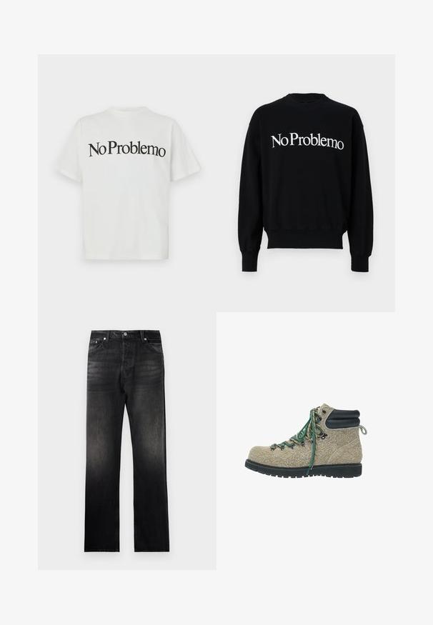 Crna majica s dugim rukavima, okrugli izrez, s bijelim natpisom "NoProblemo" preko grudnog dijela. Rebraste manžete i donji rub, mekan tekstil.; Bijela pamučna majica s kratkim rukavima i okruglim izrezom. Na prednjoj strani nalazi se crni natpis "No Problemo" u podebljanom, zakrivljenom fontu.; Crne traperice s ravnim nogavicama, s blagim gradijent efektom, dizajnom s pet džepova i metalnim detaljima.; Cipele za planinarenje od bež teksturiranog materijala s zelenim i bež vezicama, crnim podstavljenim ovratnikom oko zapešća i debelim crnim robusnim potplatom.