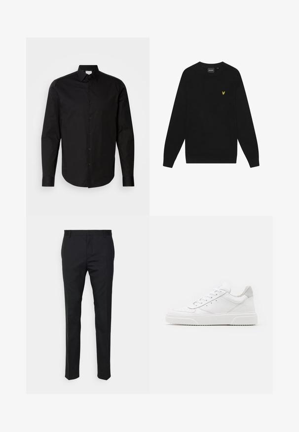 Zwarte katoenen sweatshirt met lange mouwen en een ronde hals. Voorzien van een klein geel adelaarslogo op de borst. Zachte textuur.; Zwarte langekleurige blouse met knopen, gemaakt van een gladde katoenen stof. Kenmerkt zich door een klassieke kraag, knopen aan de voorkant en een afgeronde zoom.; Zwarte op maat gemaakte broeken met een rechte pasvorm, gemaakt van gladde stof. Beschikt over riemlussen en een plooi-detail aan de voorkant.; Witte leren sneakers met een gladde afwerking, ronde neus, platte veters en een gestructureerde zool. Grijze suède accent bij de hiel.