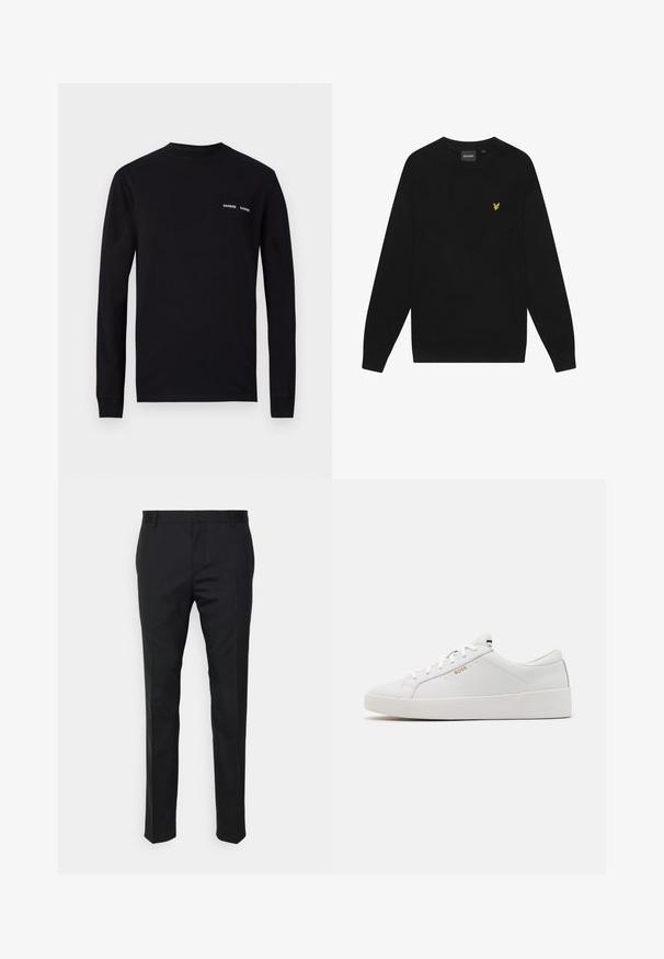 Schwarzes Baumwoll-Sweatshirt mit langen Ärmeln und Rundhalsausschnitt. Mit einem kleinen gelben Adler-Logo auf der Brust. Weiche Textur.; Schwarzes Langarm-T-Shirt aus Baumwolle, mit Rundhalsausschnitt und doppeltem weißen "SAMSØE"-Logo-Druck im linken Brustbereich.; Schwarze, taillierte Hose mit geradem Schnitt, aus glattem Stoff gefertigt. Verfügt über Gürtelschlaufen und eine Bügelfalte an der Vorderseite.; BOSS BELWAR - Sneaker low - white