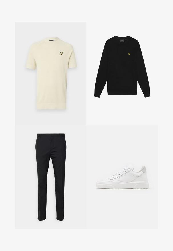 Črna bombažna majica s dolgimi rokavi in okroglo ovratnikom. Ima majhen rumen orel logotip na prsih. Mehka tekstura.; Kratkoročna svetlo kremna pletena jopica z rebrastim ovratnikom in rumenim vezenim logotipom na levi prsni strani. Teksturni material.; Črne krojene hlače s ravnim krojem, izdelane iz gladkega materiala. Imajo zanke za pas in gubico spredaj.; Bele usnjene športne copate z gladkim zaključkom, okroglo konico, ravnimi vezalkami in teksturiranim podplatom. Sivi semiš detajl na peti.