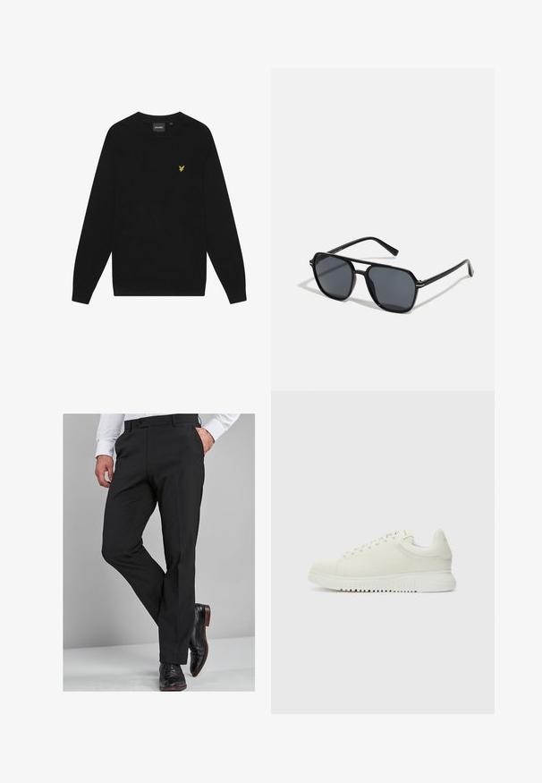 Felpa nera in cotone con maniche lunghe e collo rotondo. Presenta un piccolo logo giallo a forma di aquila sul petto. Texture morbida.; Pantaloni neri da cerimonia con una vestibilità su misura, caratterizzati da una texture liscia, gambe dritte e passanti per cintura, abbinati a scarpe eleganti nere lucide.; Sneaker bianca in pelle con superiore testurizzato, punta arrotondata, suola piatta bianca e lacci tono su tono. Branding discreto sulla linguetta.; Occhiali da sole neri con montatura ottagonale, lenti scure, finitura lucida, aste sottili e dettagli dorati sul davanti.