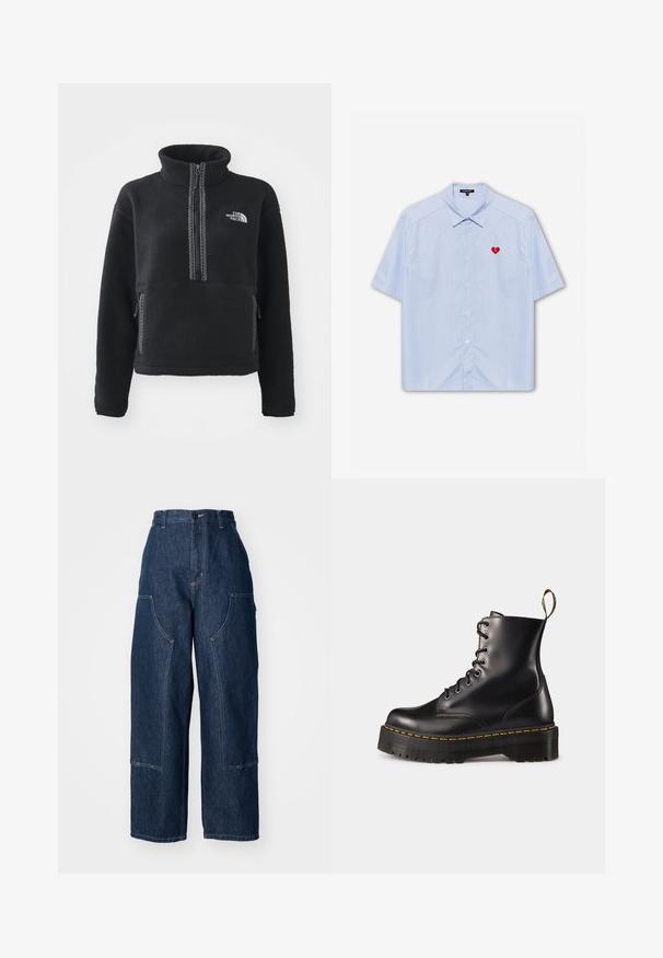 Zwarte fleece trui met hoge kraag, kwart rits, borstzak en contrasterende stiksels. Voorzien van het The North Face-logo op de borst.; Korte mouwen overhemd met knopen in lichtblauwe gestreepte stof, met een rode hartpatch op de linker borst. Klassieke kraag en een ontspannen pasvorm.; Donkerblauwe high-waisted denim broek met wijde pijpen, twee zijzakken, contrasterende oranje stiksel en een schone zoomlijn.; Zwarte leren veterschoenen tot de enkel met een robuuste zwarte zool en gele stiksels. Kenmerkend zijn de trekloop aan de achterkant en de ronde metalen oogjes.