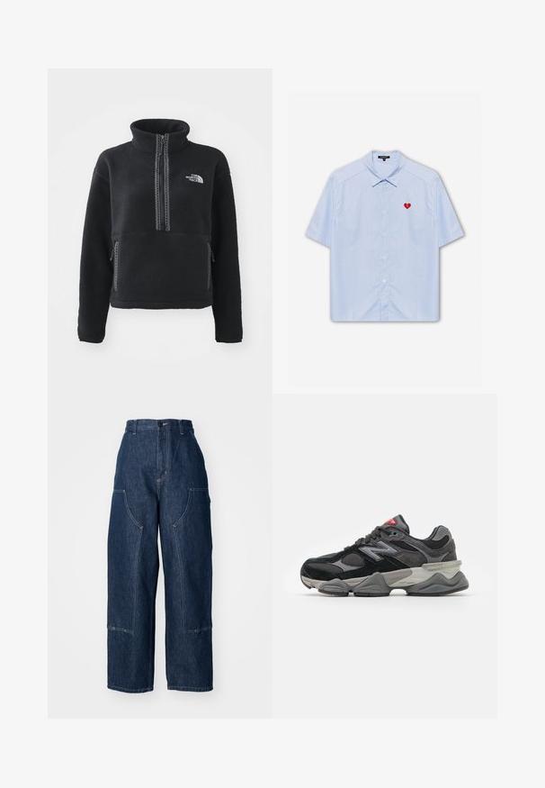 Juodas fliso megztinis su aukštu apykakle, užtrauktuko priekiu, dviem šoninėmis kišenėmis ir baltu siuvinėtu logotipu ant krūtinės. Tekstūruota medžiaga.; Šviesiai mėlynos dryžuotos medžiagos trumpomis rankovėmis marškiniai, su raudono širdies aplikacija kairėje krūtinės pusėje. Klasikinis apykaklė ir laisvas pjūvis.; Tamsiai mėlynos aukštos talpos džinsinės kelnės su plačiomis kojomis, dviem šoninėmis kišenėmis, kontrastingų oranžinių siūlų ir tvarkingu apvadu.; Juodos ir pilkos sportbačiai su zomšos ir tinklelio medžiagų mišiniu, storu padu, išsiskiriančiu logotipu ir raudona akcentu ant liežuvėlio.