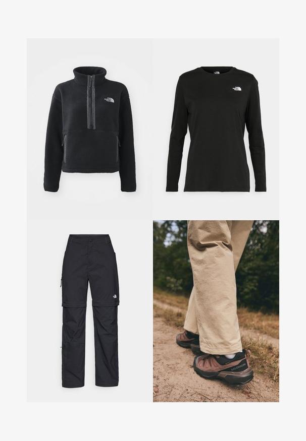 Must siisakate, millel on kõrge krae, lukuga ees, kaks küljetaskut ja valge brodeeritud logo rinnal. Tekstureeritud kangas.; Must mustahiheline T-särk, millel on pikad varrukad, valmistatud puuvillast ja ümarast kaelusest. Vasakul rinnal on väike valge logo. Lihtne disain ja sobivus.; Mustad nailonist valmistatud eemaldatavad cargo-püksid, reguleeritavate pahkluudega, mitmete taskutega ja paremal jalal logoga. Sile, kerge tekstuur.; Salomon X ULTRA 360 LTR GORE TEX - Matkajalatsid - cognac/peppercorn/black