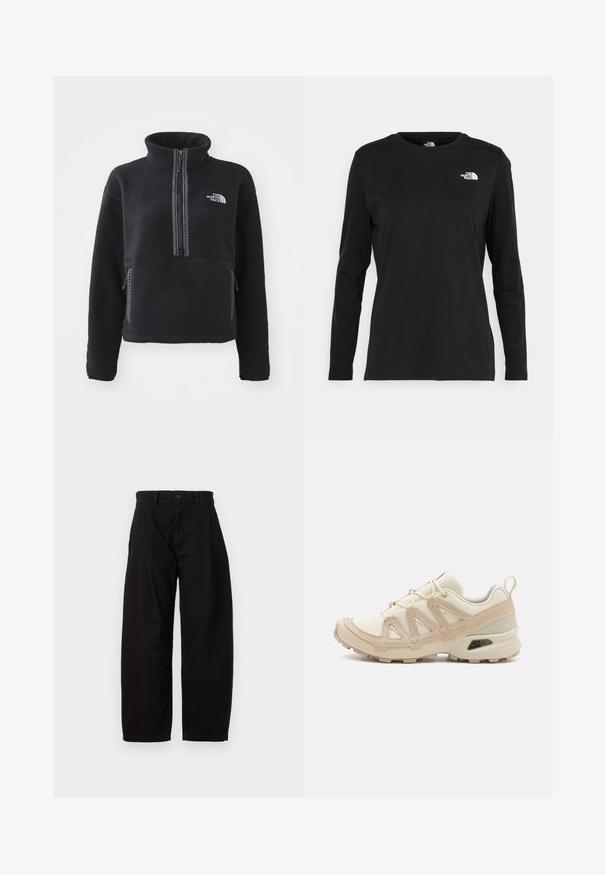 Melnā flīsa virsjaka ar augstu apkakli, rāvējslēdzēja priekšpusi, divām sānu kabatām un balto izšuvumu uz krūtīm. Strukturēta auduma.; Melnas garām piedurknēm T-krekls, izgatavots no kokvilnas ar apaļu kaklu. Tam ir mazs balts logo kreisajā krūtīs. Vienkāršs dizains un piegulums.; Melni, plati bikšu svārki no kokvilnas ar pogu un rāvējslēdzēju, ar priekšējiem krokām un sānu kabatām.; Beige un krēma sporta apavi ar strukturētu tīkla virsmu, atbalstošajiem slāņiem un gumijas zoli ar protektoru rakstu, kas nodrošina saķeri.