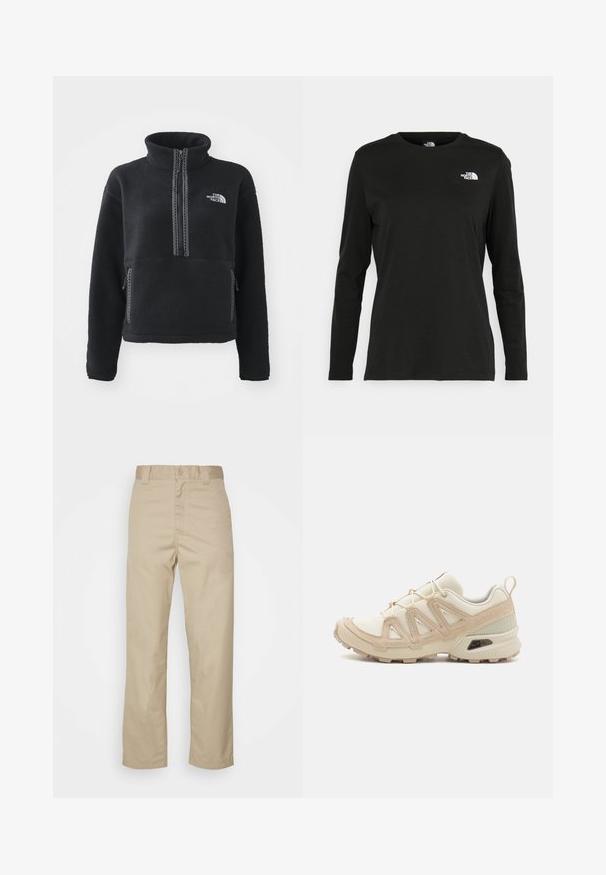 Pulover negru din fleece cu guler înalt, față cu fermoar, două buzunare laterale și logo brodat alb pe piept. Material texturat.; Iarna neagră cu mânecă lungă, din bumbac, cu guler rotund. Prezintă un mic logo alb în zona pieptului stâng. Design simplu și croi lejer.; Chino din bumbac bej, cu croială dreaptă, închidere cu nasture și bucle pentru curea. Textură netedă și fără modele sau accente vizibile.; Pantofii sport bej și crem au un superior din plasă texturată, suprapuneri de susținere și o talpă din cauciuc cu un model de profil pentru aderență.