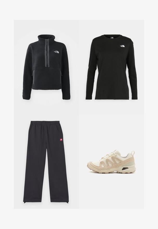 Sort fleece pullover med høj krave, lynlås foran, to sidelommer og hvidt broderet logo på brystet. Tekstureret stof.; Sort langærmet t-shirt lavet af bomuld med rund hals. Har et lille hvidt logo på venstre brystområde. Enkel design og pasform.; Sorte træningsbukser lavet af blødt stof, med en løs pasform, elastisk talje, sidelommer og et lille rødt logo på fronten.; Beige og creme atletiksko med struktureret mesh-overdel, støttende overlays og gummiyderside med et mønster for trækkraft.