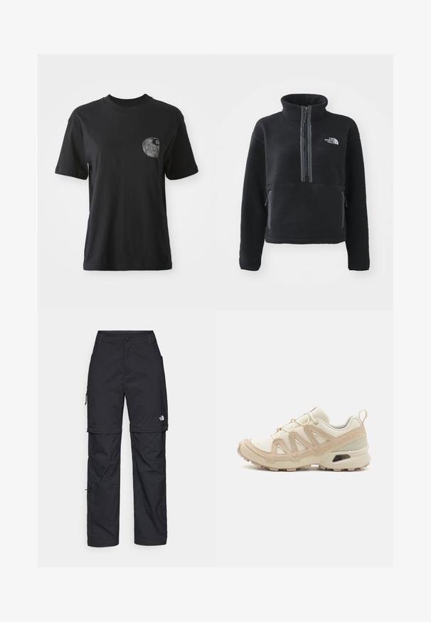 Sort fleece pullover med høj krave, lynlås foran, to sidelommer og hvidt broderet logo på brystet. Tekstureret stof.; Sort bomulds T-shirt med rund hals og korte ærmer, der har et tekstureret grafisk spiraldesign på venstre brystlommeområde.; Sorte nylon cargo bukser med lynlås, justerbare manchetter, flere lommer og et logo på højre ben. Glat, let tekstur.; Beige og creme atletiksko med struktureret mesh-overdel, støttende overlays og gummiyderside med et mønster for trækkraft.