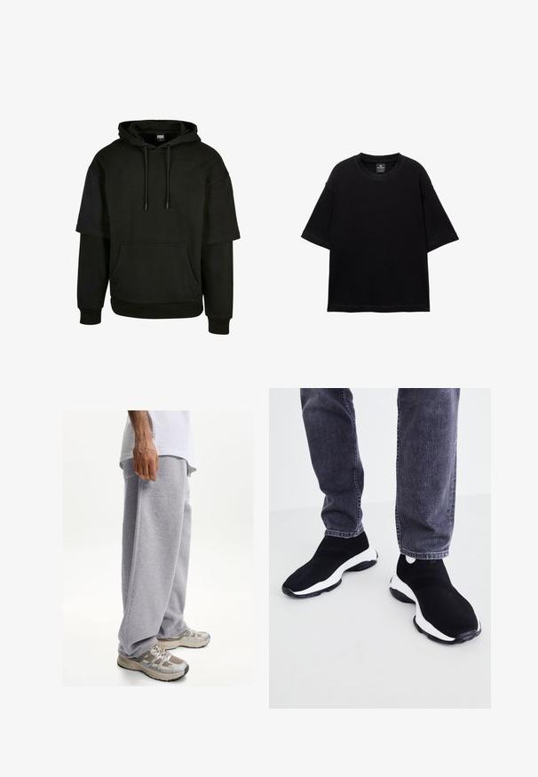 Haut à capuche noir avec poche kangourou, cordon de serrage, et manches courtes avec des éléments de design étendus. Fabriqué en tissu doux et texturé.; T-shirt noir à manches courtes en coton, avec un col rond et une coupe décontractée. Texture lisse avec des détails de couture minimalistes.; Pantalon de survêtement gris en tissu doux, avec une coupe décontractée et une taille élastique. Associé à des baskets de sport beiges et grises.; Des baskets noires et blanches à enfiler avec un dessus en maille texturée, un bout rond et une semelle en caoutchouc noire, assorties à un jean foncé.