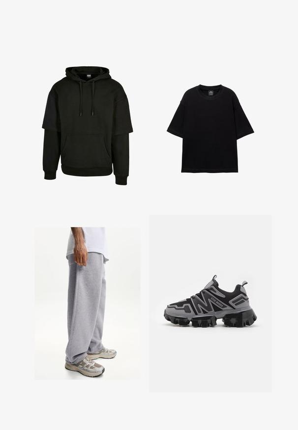 Fekete kapucnis pulóver kenguruzsebbel, húzózsinórral ellátott kapucnival és hosszított szabású rövid ujjakkal. Puha, texturált anyagból készült.; Fekete, rövid ujjú pamut póló, kerek nyakú és laza szabású. Simaság jellemzi, minimális varrási részletekkel.; Szürke, puha anyagú melegítőnadrág, laza szabással és elasztikus derékkal. Bézs és szürke sportcipőkkel párosítva.; Steve Madden PRIVE - Sportcipő - light grey