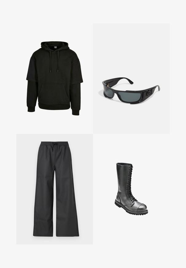 Juoda džemperis su kengūros kišene, su šiurkščiu gobtuvu ir trumpomis rankovėmis su išplėstais dizaino elementais. Pagamintas iš minkštos, tekstūruotos medžiagos.; Han Kjøbenhavn RELAXED TRACK TROUSERS - Kelnės - black; Juodos odinės aulinės kovinės botai su aukštu aulu, apvaliu pirštu, paminkštintu apykakle ir tekstūruotu guminio pado, užtikrinančio geresnį sukibimą.; Akiniai nuo saulės su juodu plastiko rėmu, pilkiais objektyvais, apgaubiančiu dizainu, šoninėmis detalėmis ir logotipo elementu ant šventyklos.