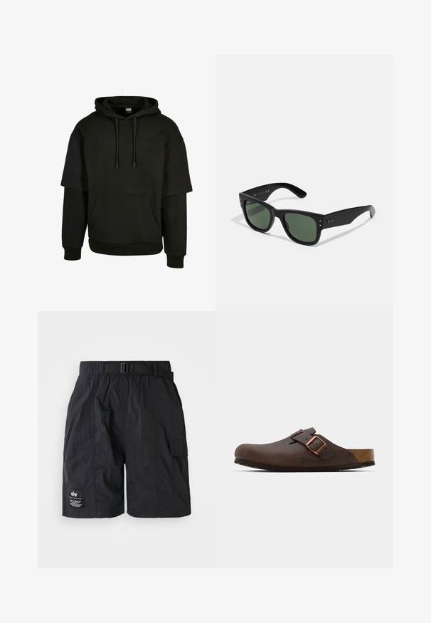 Zwarte hoodie met een kangoeroe-pocket, trekkoord kap en korte mouwen met verlengde ontwerpdetails. Gemaakt van zachte, gestructureerde stof.; Zwarte cargoshorts gemaakt van lichtgewicht stof. Voorzien van een elastische tailleband met riem, een zijzak en een logopatch op het linkerbeen.; Bruine leren klomp met een brede band en een koperen gesp, voorzien van een gestructureerde kurken voetbed en een dikke zwarte rubberen zool.; Zwarte rechthoekige zonnebril met groene lenzen, matte afwerking, subtiele hardwareaccenten en een gegraveerd logo op de slaap.