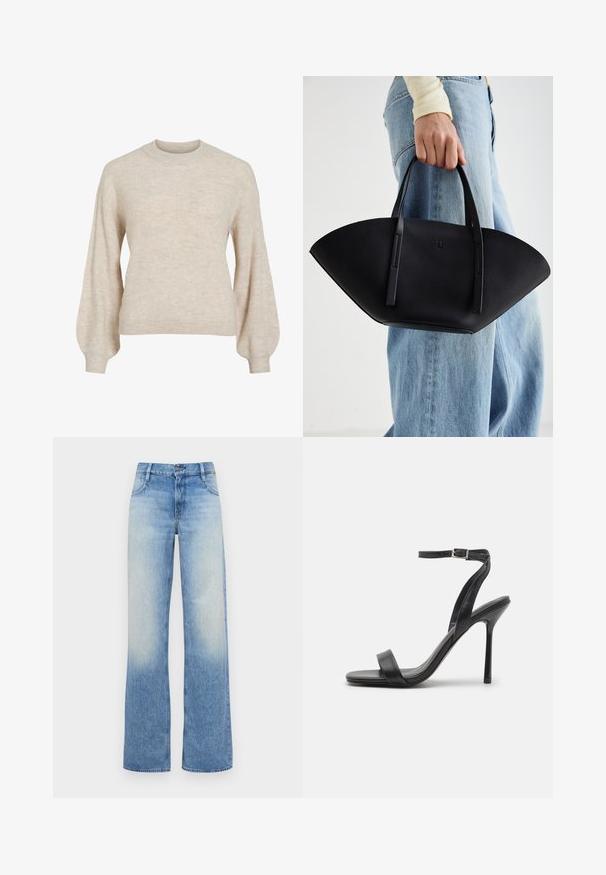Béžový svetr s žebrovaným vzorem, vysokým kulatým výstřihem a balónovými rukávy. Texturovaná látka s jemným vzhledem. Klasický střih, bez viditelných ozdob.; Svetle modré džíny s vysokým pasem a širokými nohavicemi s vybledlou texturou. Mají pět kapes a zapínání na knoflík v pase.; Černé sandály na vysokém podpatku se štíhlým kotníkovým řemínkem a dvěma předními pásky. Vyrobeno z hladké kůže s elegantní špičatou špičkou a stiletto podpatkem.; Černá kožená kabelka s jedinečným tvarováním ve tvaru vějíře, vybavená plochými uchy. Povrch má jemně zrnitou texturu a minimalistický design.