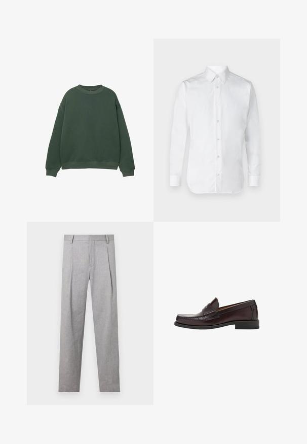 Donkergroen sweatshirt met een ronde hals, lange mouwen en geribde boorden. Gemaakt van een zachte, gestructureerde stof met een relaxte pasvorm.; Witte overhemd met lange mouwen van soepel katoen, met een klassieke kraag en een subtiele glans. Vijf knopen aan de voorkant.; Grijze op maat gemaakte broeken van een geweven stof, met plooien, een rechte pijp en een klassiek taillebandontwerp.; Bruine leren instappers met een ronde neus, decoratieve stiksels aan de voorkant en een platte rubberen zool voor ondersteuning en duurzaamheid.