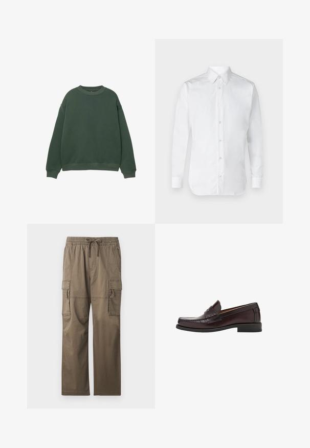 Tmavozelená mikina s okrúhlym výstrihom, dlhými rukávmi a rebrovanými manžetami. Vyrobená z mäkkej, textúrovanej látky s voľným strihom.; Biela košeľa na gombíky s dlhými rukávmi, vyrobená z hladkej bavlnenej tkaniny, s klasickým golierom a jemným leskom. Päť gombíkov na prednej strane.; Cargo nohavice v tlmenej hnedej farbe, s elastickým pásom a šnúrkou, viacerými bočnými vreckami a voľným strihom.; Hnedé kožené mokasíny s okrúhlou špičkou, dekoratívnym prešívaním vpredu a plochou gumovou podrážkou pre podporu a odolnosť.