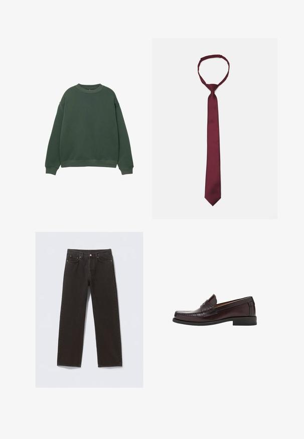 Ciemnozielony sweatshirt z okrągłym dekoltem, długimi rękawami i ściągaczami. Wykonany z miękkiego, teksturowanego materiału o luźnym kroju.; Biała koszula z długim rękawem, wykonana z gładkiego materiału bawełnianego, z klasycznym kołnierzykiem i subtelnym połyskiem. Pięć guzików z przodu.; Czarne dżinsy o prostym kroju, pięć kieszeni oraz miedziane przeszycia. Gładka textura, klasyczne zapięcie na guzik w talii.; Brązowe skórzane mokasyny z zaokrąglonym noskiem, dekoracyjnym przeszyciem z przodu oraz płaską gumową podeszwą dla wsparcia i trwałości.; Burgundowa satynowa krawatka o gładkiej fakturze, wąskim rozmiarze i zakończeniu w szpic; posiada pętlę umożliwiającą łatwe noszenie.