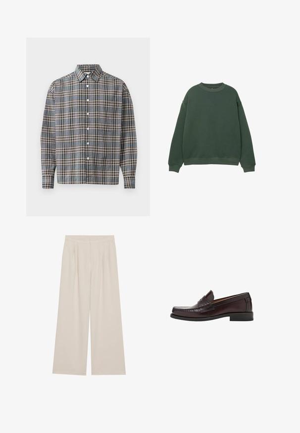 Sweatshirt vert foncé avec un col rond, des manches longues et des poignets côtelés. Fabriqué à partir d'un tissu doux et texturé avec une coupe décontractée.; Chemise à manches longues à boutons avec un motif tartan bleu, brun et beige et une poche poitrine sur un fond clair.; Pantalons larges beiges avec une taille plate, des plis et une ceinture élastique. Fabriqués à partir d'un tissu léger avec une texture lisse.; Mocassins en cuir marron avec un bout rond, des coutures décoratives à l'avant et une semelle en caoutchouc plate pour le soutien et la durabilité.