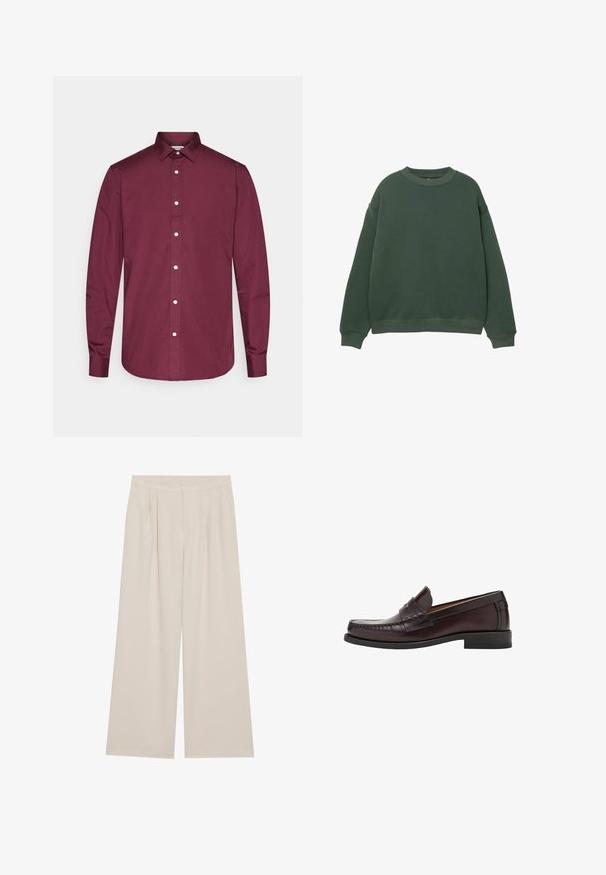 Ciemnozielony sweatshirt z okrągłym dekoltem, długimi rękawami i ściągaczami. Wykonany z miękkiego, teksturowanego materiału o luźnym kroju.; Bordo klasyczna koszula z długim rękawem zapinana na guziki, wykonana z bawełny, z klasycznym kołnierzykiem, białymi guzikami i zaokrąglonym dołem. Gładka tekstura, dopasowany krój.; Beżowe szerokie spodnie o płaskim przodzie, z plisami i elastycznym paskiem w talii. Wykonane z lekkiego materiału o gładkiej fakturze.; Brązowe skórzane mokasyny z zaokrąglonym noskiem, dekoracyjnym przeszyciem z przodu oraz płaską gumową podeszwą dla wsparcia i trwałości.